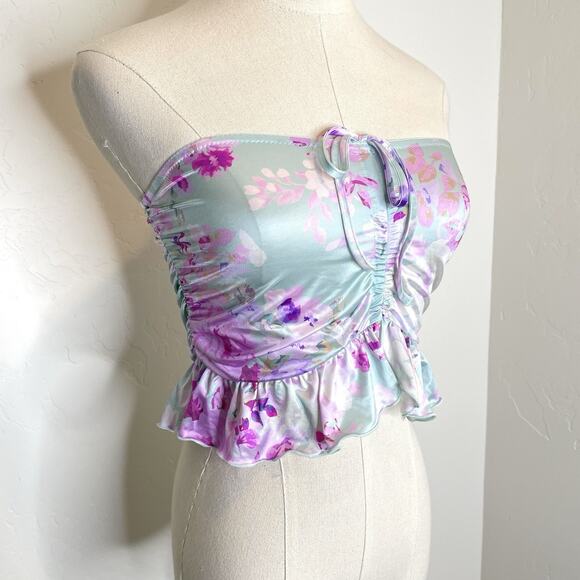 By Anthropologie Strapless Ruffled Bandeau Top Womens Small Satin Blue Pink - Picture 4 of 8